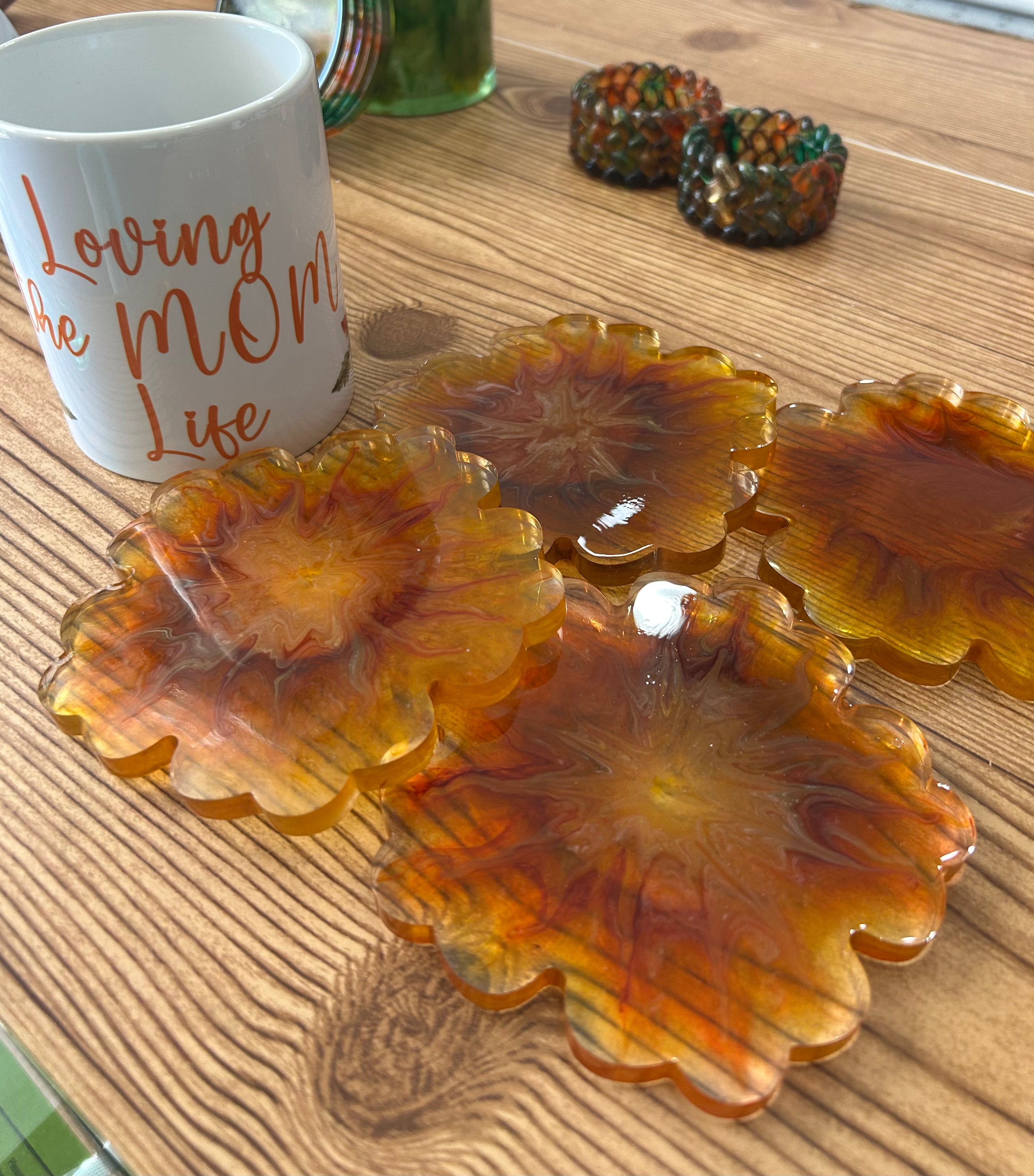 Handmade Yellow Gold Resin Coaster Set,Holder, and Mug– Set of 4 (coasters only)