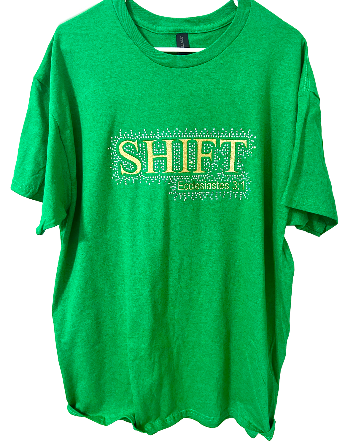 Rhinestone Embroidered "SHIFT" Design T-Shirt Adult Green Unisex